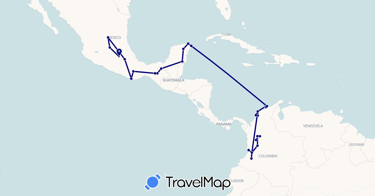 TravelMap itinerary: driving in Colombia, Mexico (North America, South America)